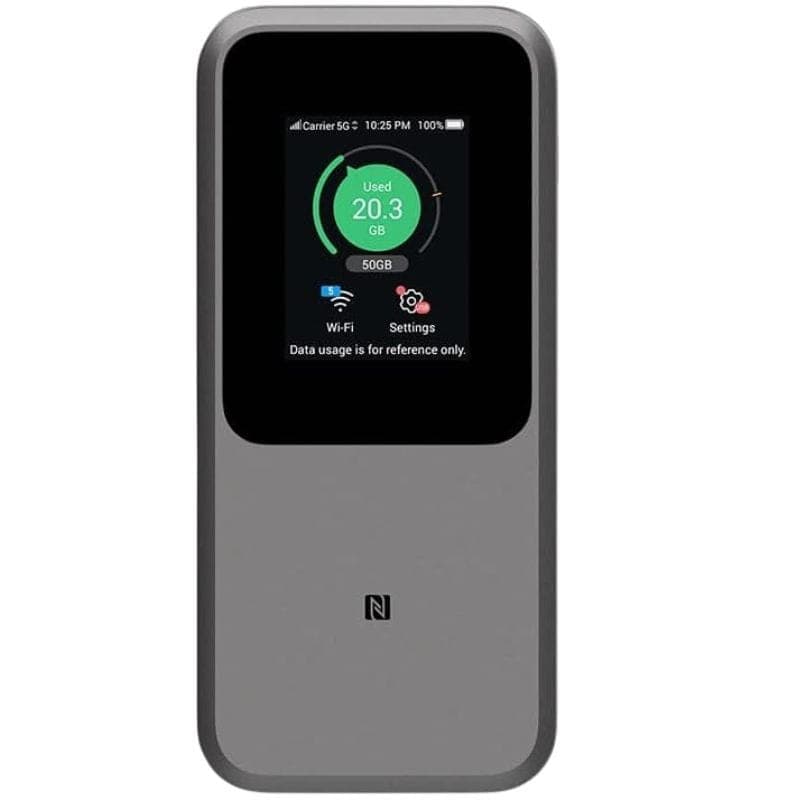 ZTE MU5120 5G Wi‑Fi 6, roteador móvel compacto com tela colorida que mostra uso de dados, status de Wi‑Fi e configurações, corpo cinza com NFC