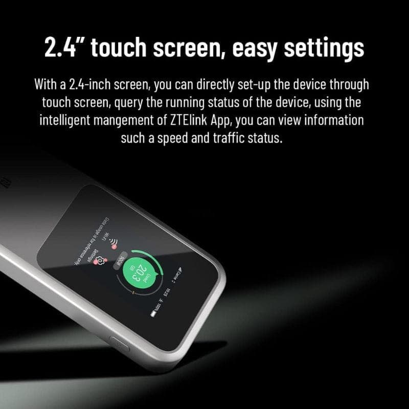 ZTE MU5120 5G Wi‑Fi 6 com tela touch 2,4 pol; visor mostra dados de rede, velocidade e uso. Acabamento moderno em cinza, design portátil e elegante