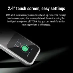 ZTE MU5120 5G Wi‑Fi 6 com tela touch 2,4 pol; visor mostra dados de rede, velocidade e uso. Acabamento moderno em cinza, design portátil e elegante