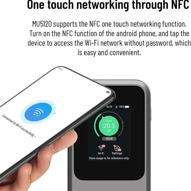 ZTE MU5120 5G Wi-Fi 6: hotspot portátil com tela colorida, indicador de dados 5G/2.03 GB, ícones de Wi-Fi e ajustes, NFC para conexão rápida por toque
