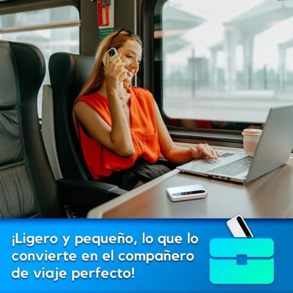ZTE U50 5G Wi‑Fi 6 portátil em branco, compacto, com tela e botões no topo, ao lado de notebook em mesa de trem; ideal para conexão móvel em viagem