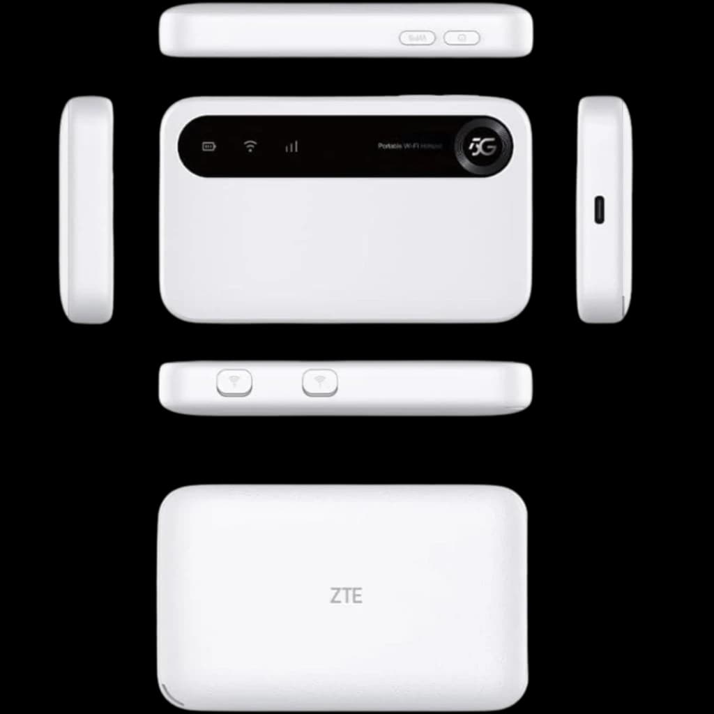 ZTE U50 5G Wi‑Fi 6 – router móvel branco, compacto, formato retangular arredondado, visor lateral com LEDs de status, botões superiores e porta USB‑C