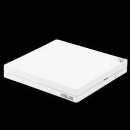Roteador ASUS RT-AX57 Go branco, design compacto e plano, cantos chanfrados, logotipo ASUS na borda, acabamento fosco minimalista