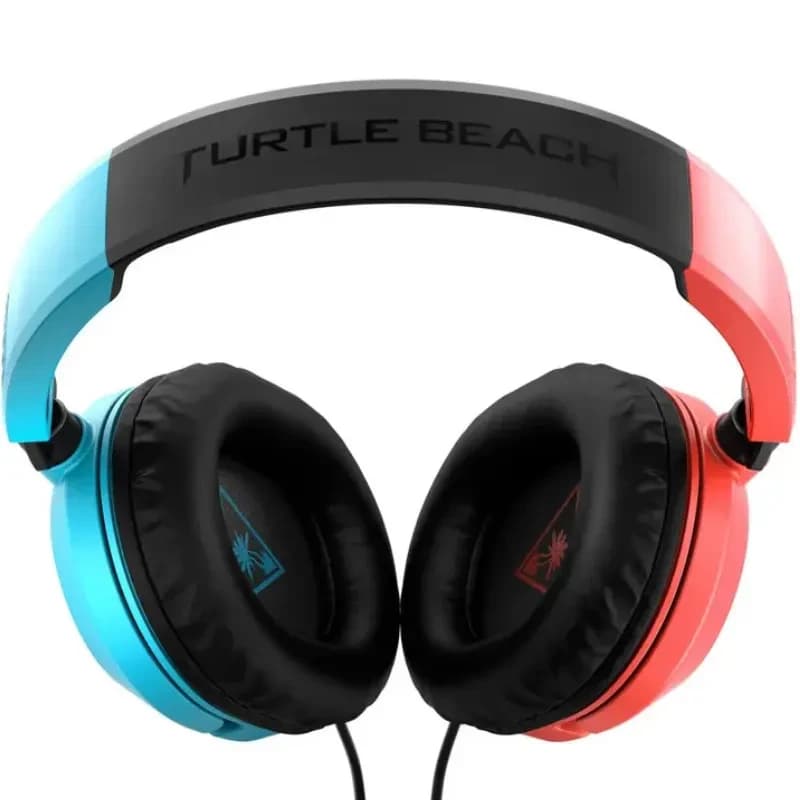 Turtle Beach Recon 50 Bleu Rouge pour Switch, arceau noir, oreillettes rembourrées bicolores bleu et rouge, logo Turtle Beach, câble audio filaire