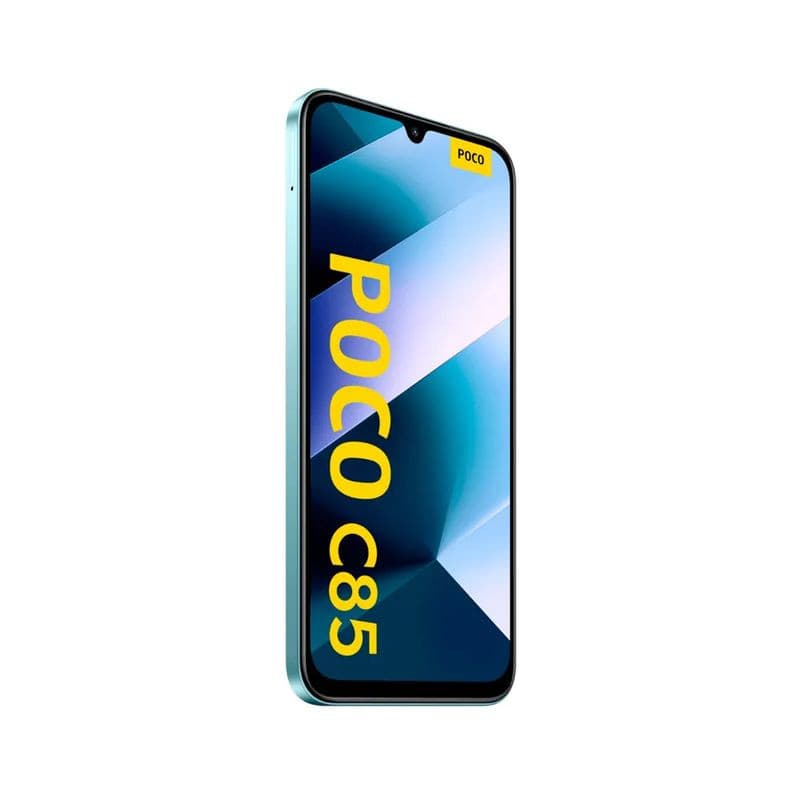 Xiaomi Poco C85 8GB/256GB Verde: smartphone com tela grande de bordas finas, notch em gota, acabamento verde metálico e logotipo POCO em destaque na frente.
