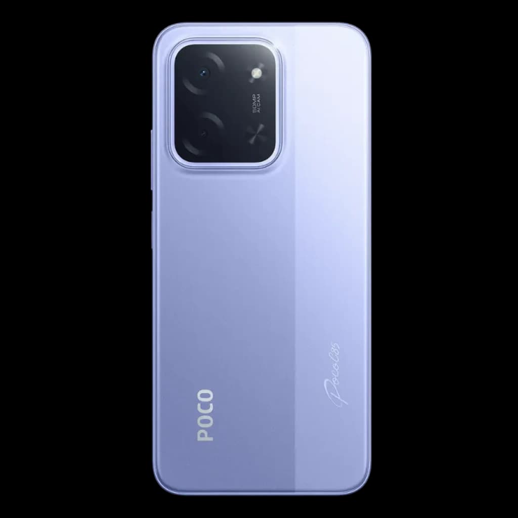 Xiaomi Poco C85 6 GB/128 GB Lilás com traseira lilás acetinada, módulo de câmera retangular preto com dupla lente e flash, logo Poco discreto