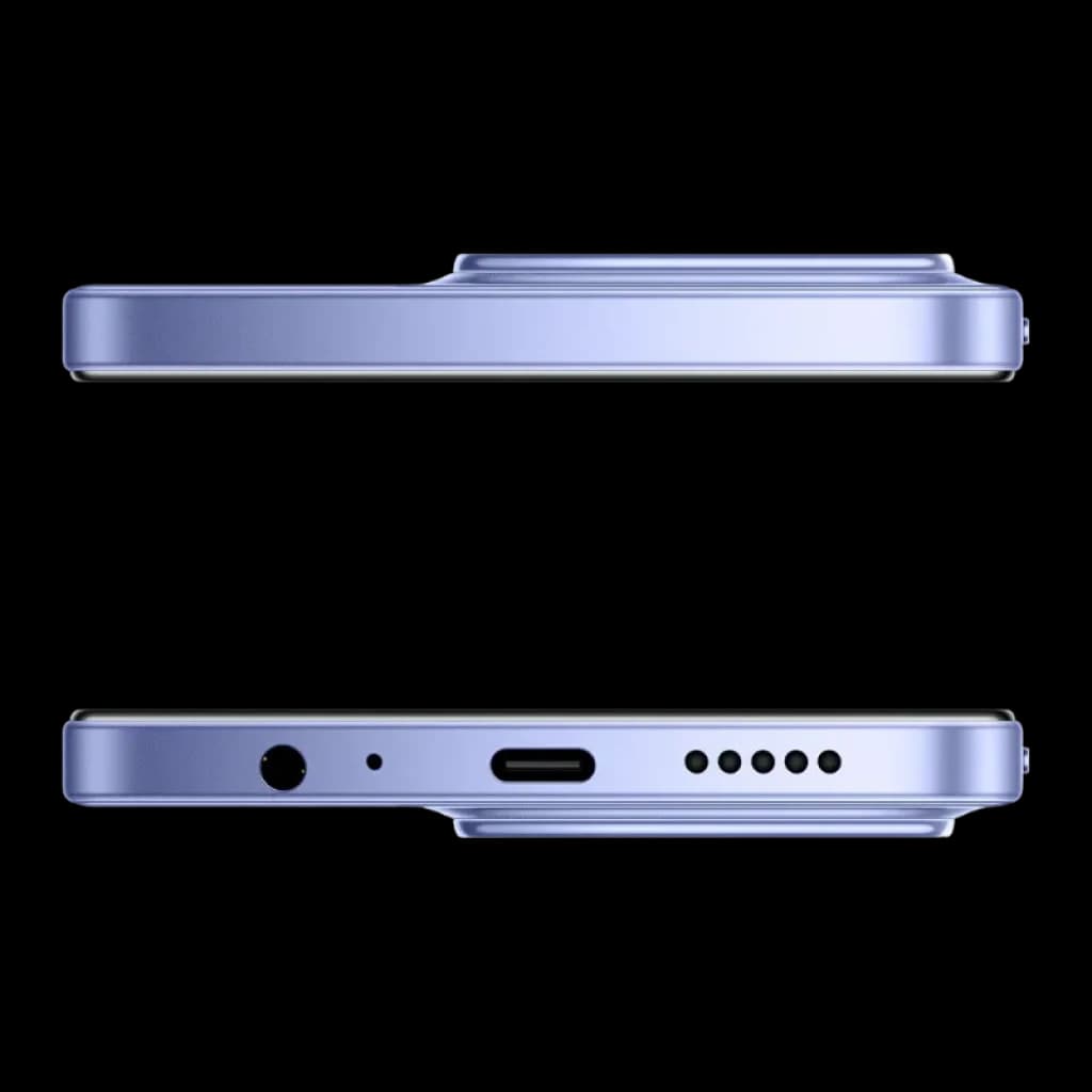 Xiaomi Poco C85 6 GB/128 GB Lilás com corpo fino lilás, porta USB‑C, entrada P2, grelha de alto-falante e módulo de câmera saliente visto de perfil