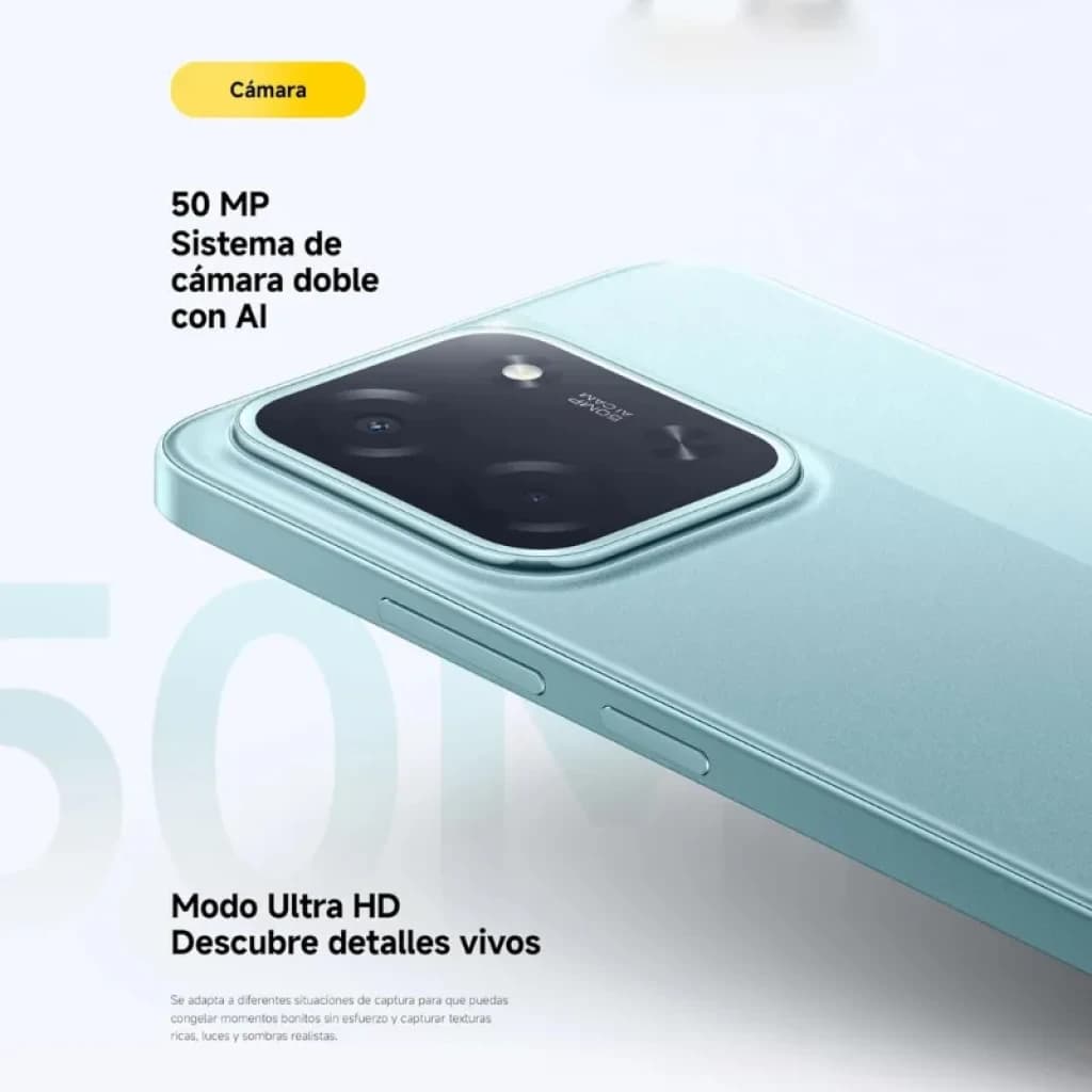 Xiaomi Poco C85 6 GB/128 GB Lilás com módulo de câmera dupla 50 MP em destaque, lente grande e flash; corpo lilás fosco com bordas arredondadas e