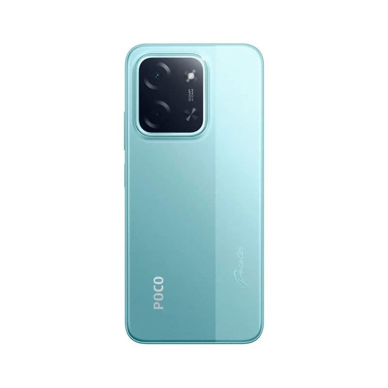 Traseira do Xiaomi Poco C85 verde: módulo de câmera retangular com duas lentes e flash, acabamento brilhante, logotipo POCO e laterais arredondadas.