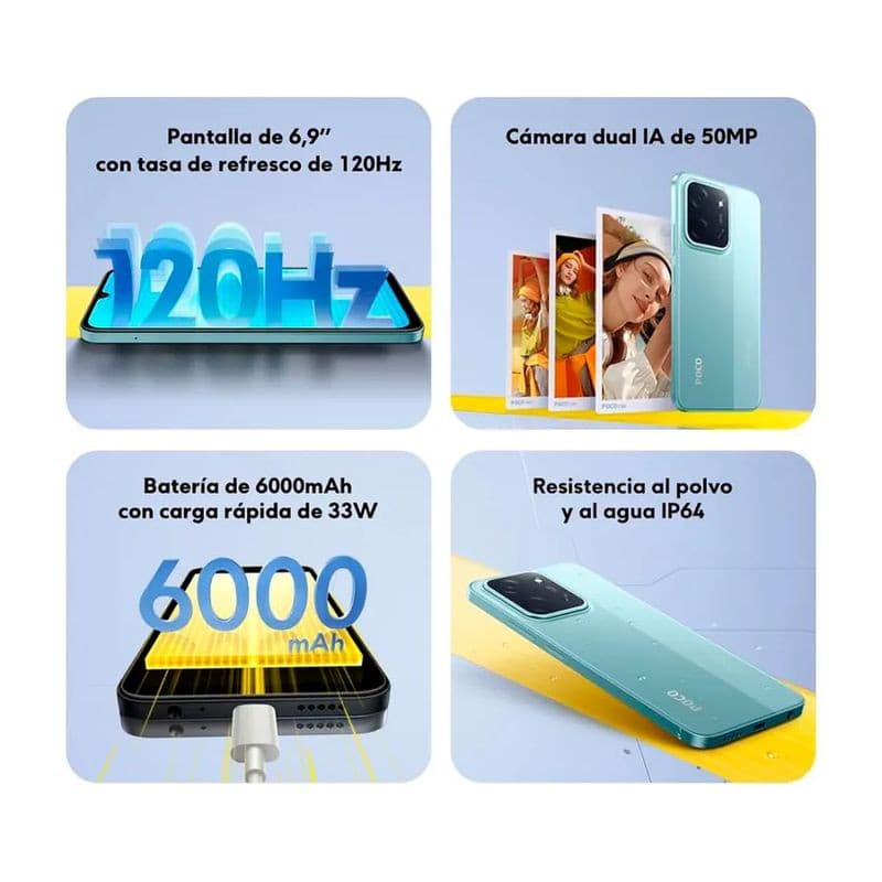 Xiaomi Poco C85 verde: tela 6,9" 120Hz, câmera dupla IA 50MP, bateria 6000mAh com carga 33W, resistente a poeira e água IP64, 6GB/128GB