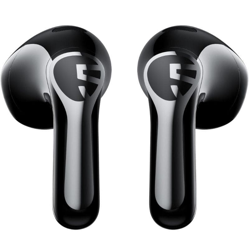SoundPEATS Air6 HS Auriculares Bluetooth negro, diseño tipo botón con vástago brillante y logo “S” plateado; acabado pulido y forma ergonómica.