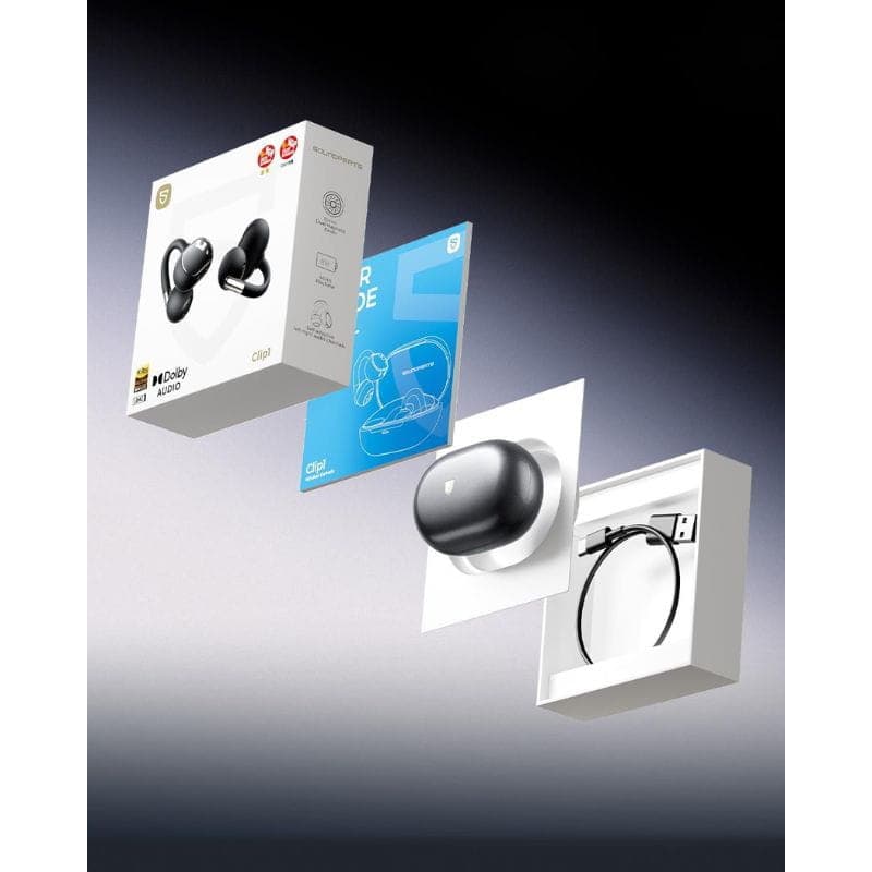 SoundPEATS Clip1 Auriculares Bluetooth Negro con estuche ovalado mate, cable USB-C y manual. Empaque minimalista en blanco con auriculares negros brillantes.