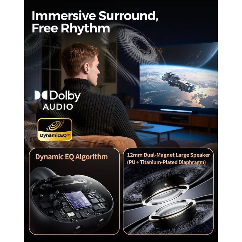 SoundPEATS Clip1 Auriculares Bluetooth Negro con Dolby Audio, altavoz dual de 12 mm (diafragma PU + titanio) y algoritmo Dynamic EQ para sonido envolvente.