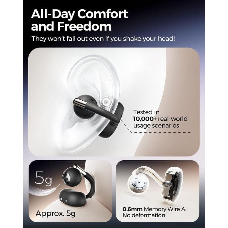 SoundPEATS Clip1 Auriculares Bluetooth negro con gancho transparente, ultra ligeros (5 g), clip de memoria 0.6 mm y ajuste seguro para uso prolongado.