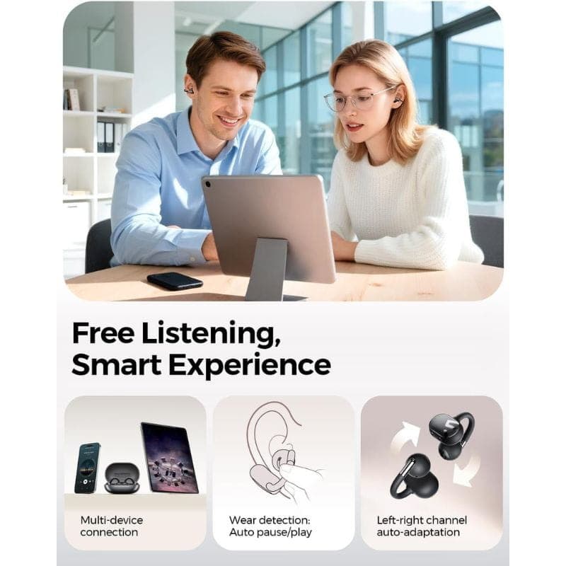 SoundPEATS Clip1 Auriculares Bluetooth Negro con estuche, conexión multidispositivo, detección de uso, pausa/ reproducción automática y ajuste L/R