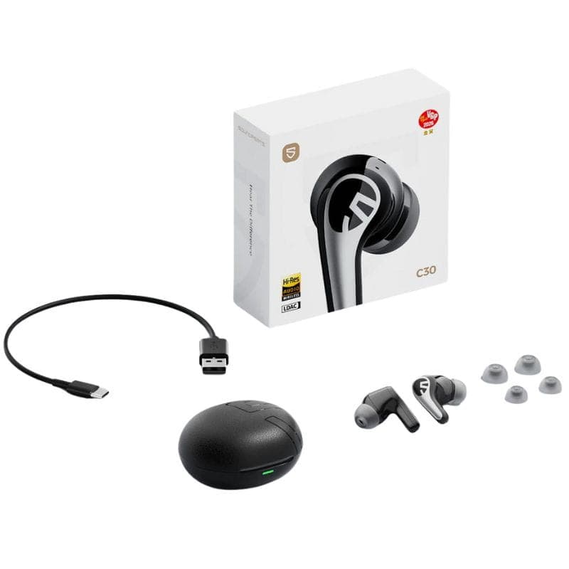SoundPEATS C30 Auriculares Bluetooth Negro: estuche ovalado con luz LED, earbuds in-ear negros con puntas de silicona intercambiables y cable USB-C corto.