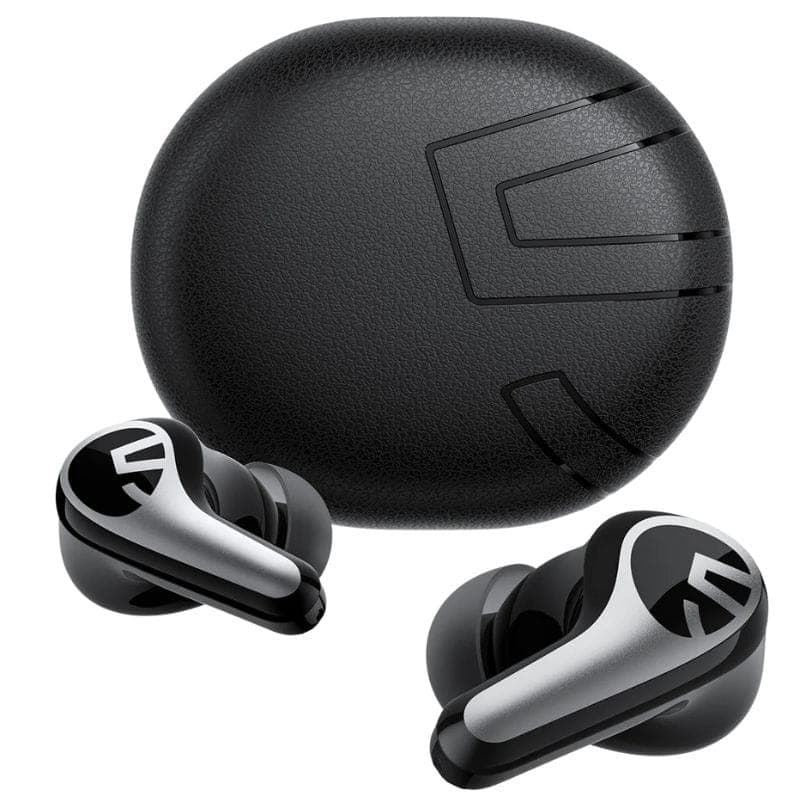 SoundPEATS C30 Auriculares Bluetooth Negro con estuche compacto; earbuds in-ear negro y plata, diseño ergonómico, logo S destacado y acabado mate texturizado.