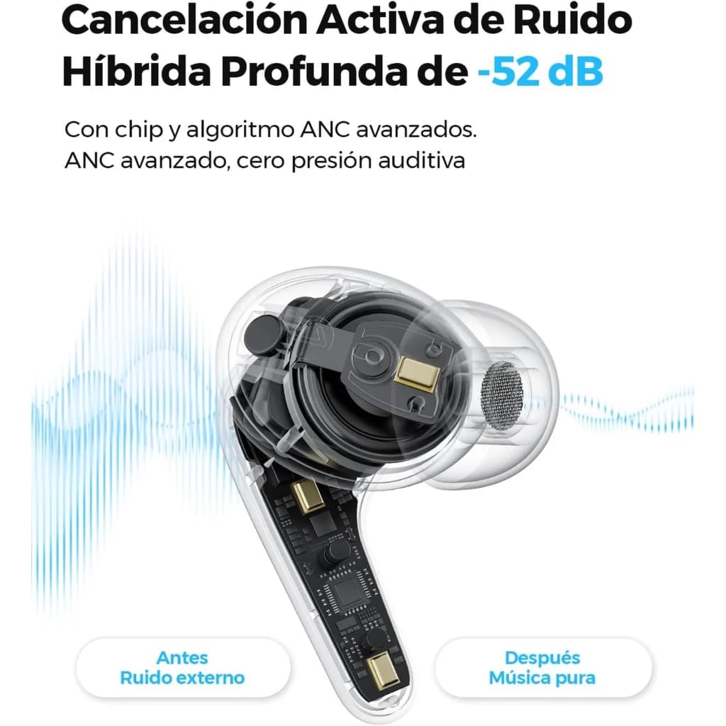 SoundPEATS C30 Auriculares Bluetooth Blanco con carcasa transparente parcial, micrófono integrado y componentes internos visibles, diseño intrauditivo