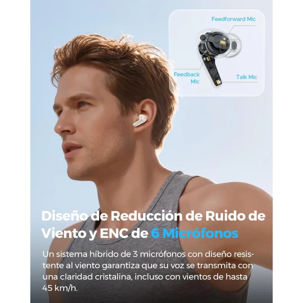 SoundPEATS C30 Auriculares Bluetooth Blanco tipo botón, diseño ergonómico en oído, vástago corto y acabado brillante; micrófonos múltiples para