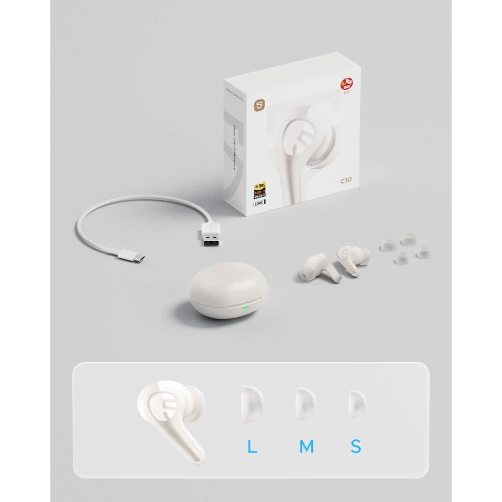 SoundPEATS C30 Auriculares Bluetooth Blanco: estuche ovalado con luz LED, earbuds intrauditivos blancos, cable USB-C y almohadillas en tallas S M L