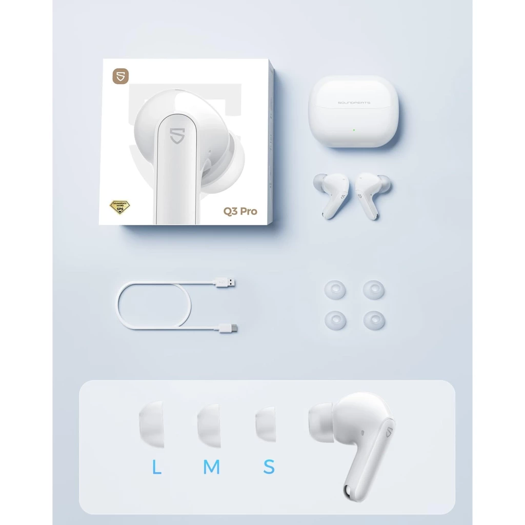 Soundpeats Q3 PRO Blanco con estuche de carga mate; auriculares intraurales con puntas de silicona, tallos alargados y luz LED frontal en el estuche - Ítem9