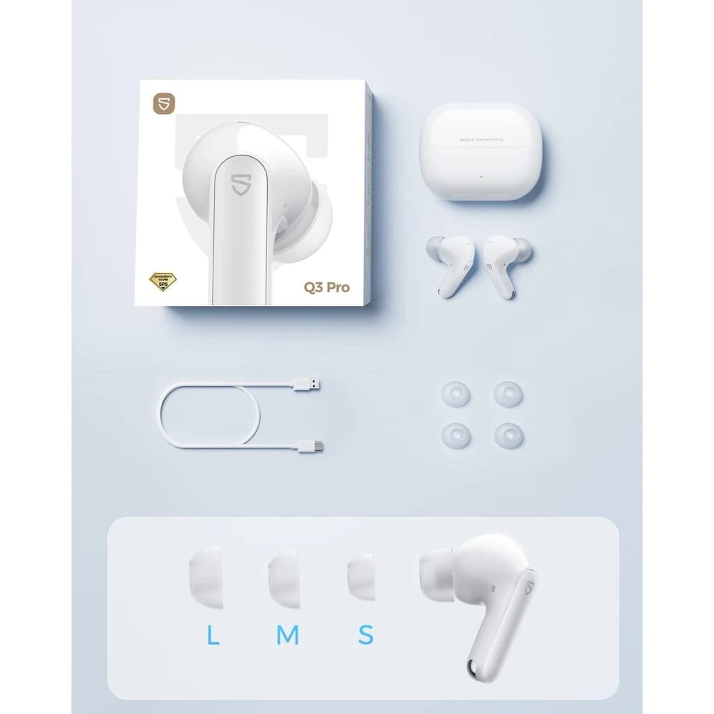 Soundpeats Q3 PRO Blanco: auriculares in-ear blancos con estuche de carga, almohadillas L M S, cable USB-C y diseño elegante con detalles plateados