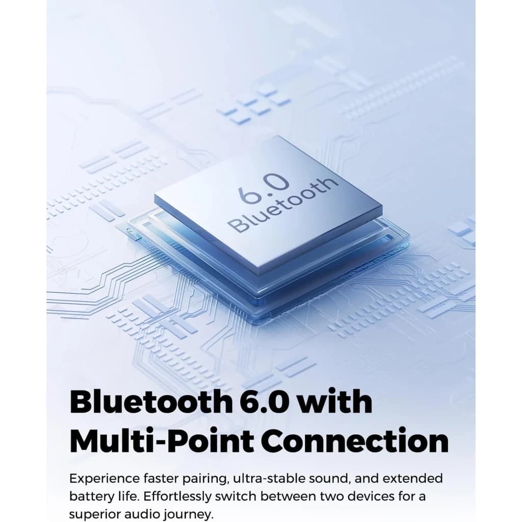 Chip Bluetooth 6.0 plateado sobre placa electrónica blanca, destaca compatibilidad multipunto y enfoque en conexión rápida y estable para Soundpeats Q3 PRO