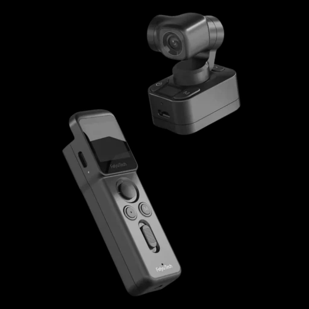 Caméra compacte 4K 60 ips avec module d'objectif stabilisé et poignée amovible avec écran, joystick et boutons ; design portable de couleur noire