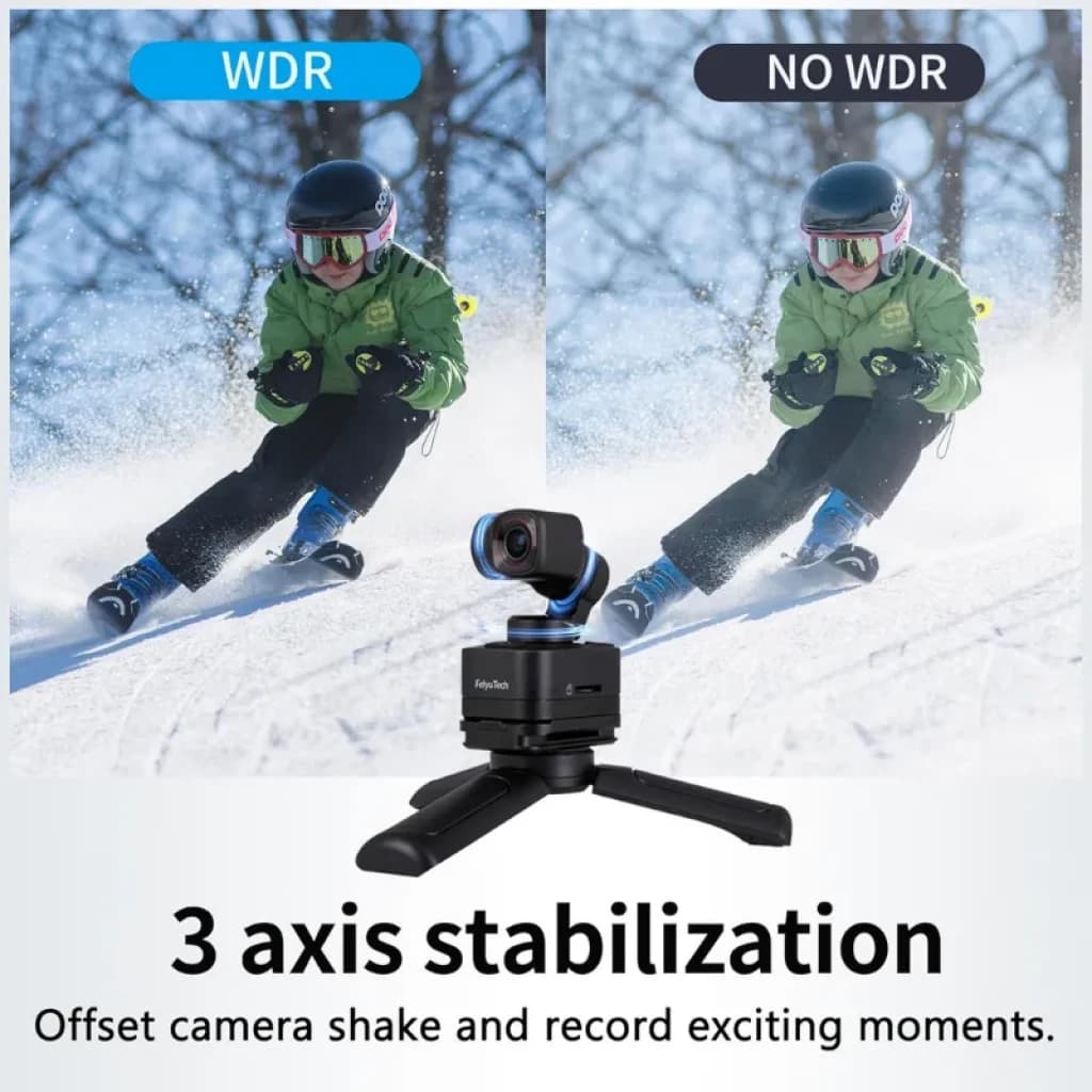 FeiyuTech Pocket 3 4K 60 images par seconde avec cardan 3 axes, poignée amovible et mini trépied. Comparaison WDR vs sans WDR pour plus de détails en action.