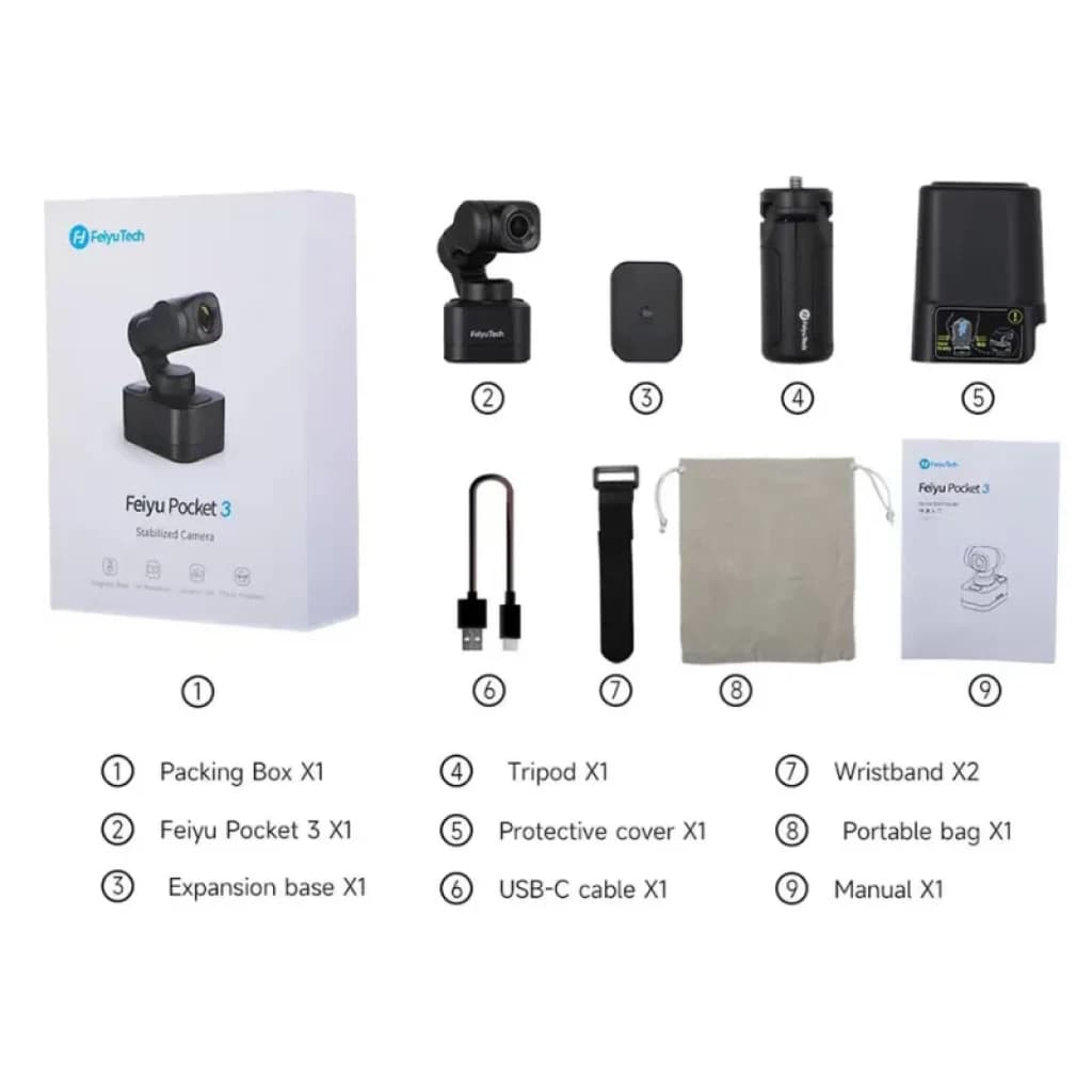 Caméra FeiyuTech Pocket 3 4K 60 images par seconde avec cardan, poignée amovible, trépied, socle, protection, sangle, sacoche, câble USB-C et manuel. Compacte et portable.