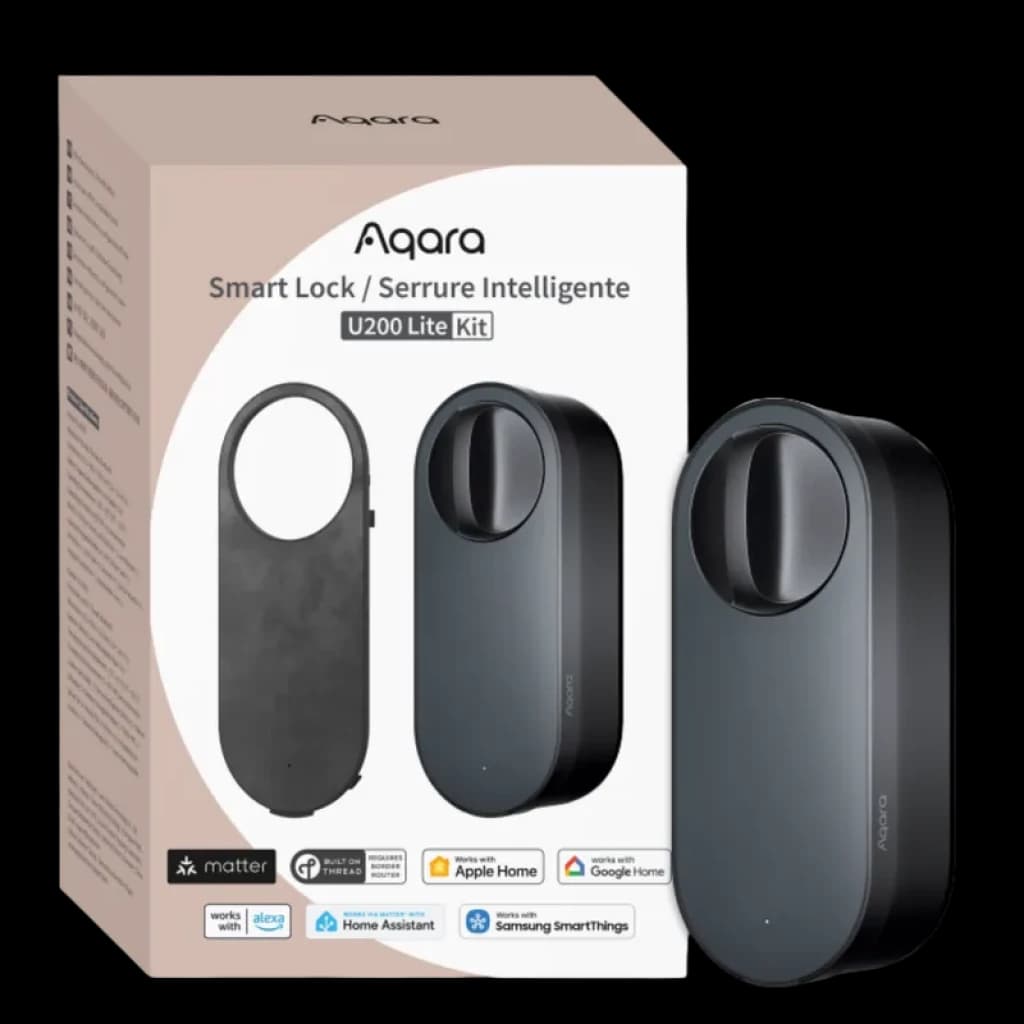 AQARA Smart Lock U200 Lite Noir, serrure intelligente noire mate avec bouton rotatif, kit avec module et boîtier, compatible Matter et plateformes domotiques
