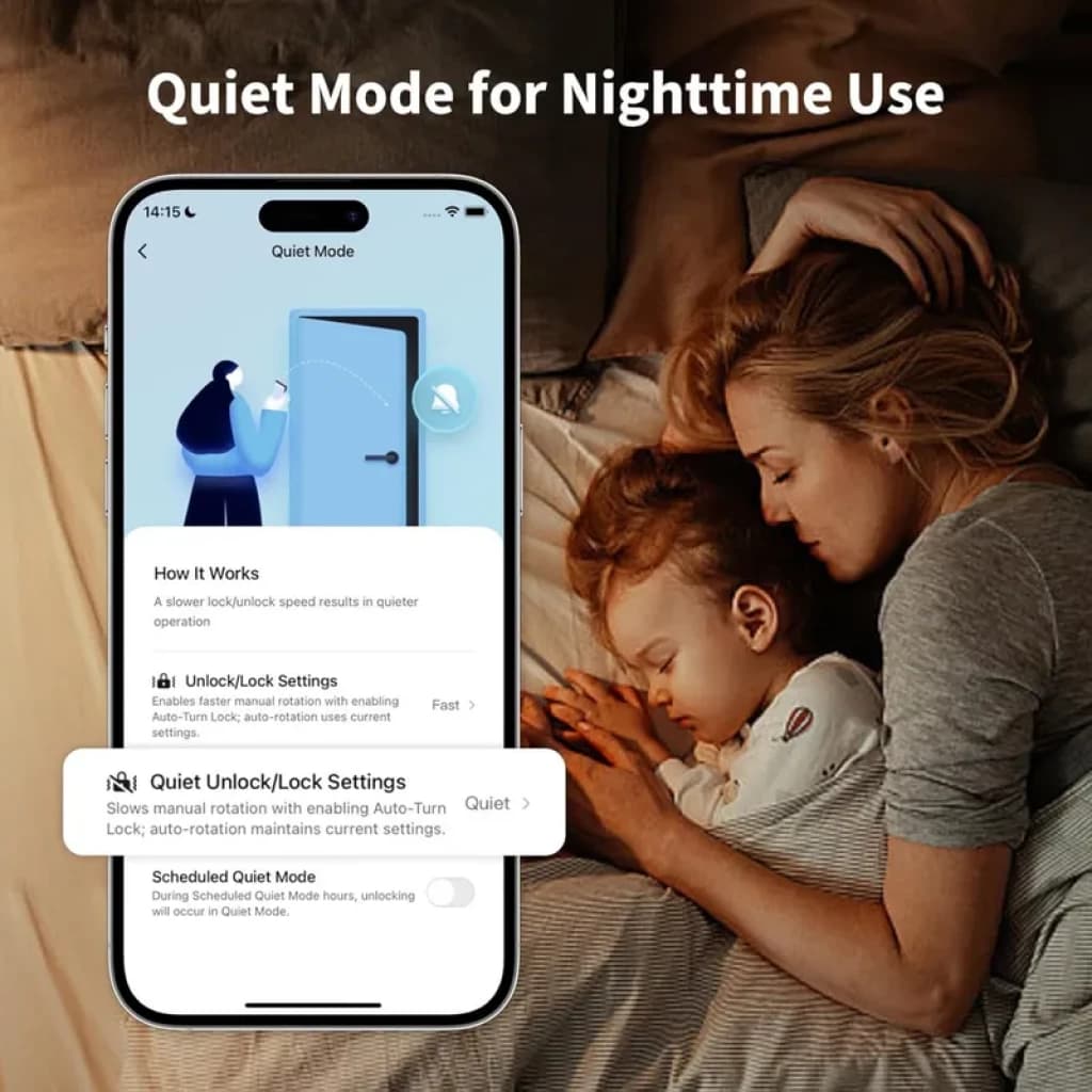 Écran iPhone montrant Quiet Mode de la serrure AQARA U200 Lite Noir, avec options déverrouillage verrouillage silencieux et planification nocturne