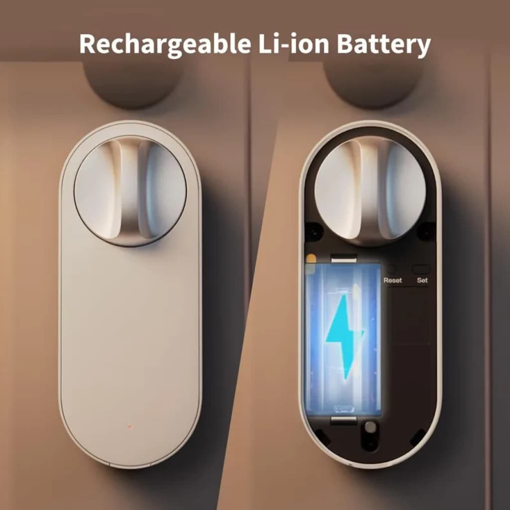 Batterie Li‑ion rechargeable pour AQARA Smart Lock U200 Lite Noir, module interne avec indicateur lumineux, capot amovible et boutons Reset/Set visibles