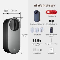 AQARA Smart Lock U200 Lite com corpo preto/cinza, botão giratório grande e acabamento minimalista; inclui adesivo 3M, cartão NFC, bateria recarregável e