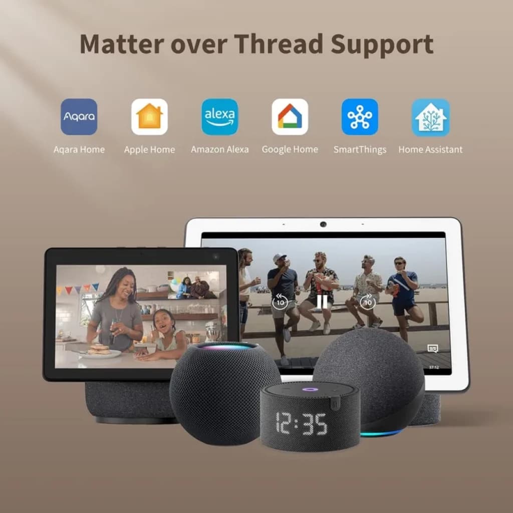 Acessórios inteligentes exibidos: alto-falantes e displays com relógio digital, ícones de compatibilidade Matter over Thread com Aqara, Apple Home, Alexa,