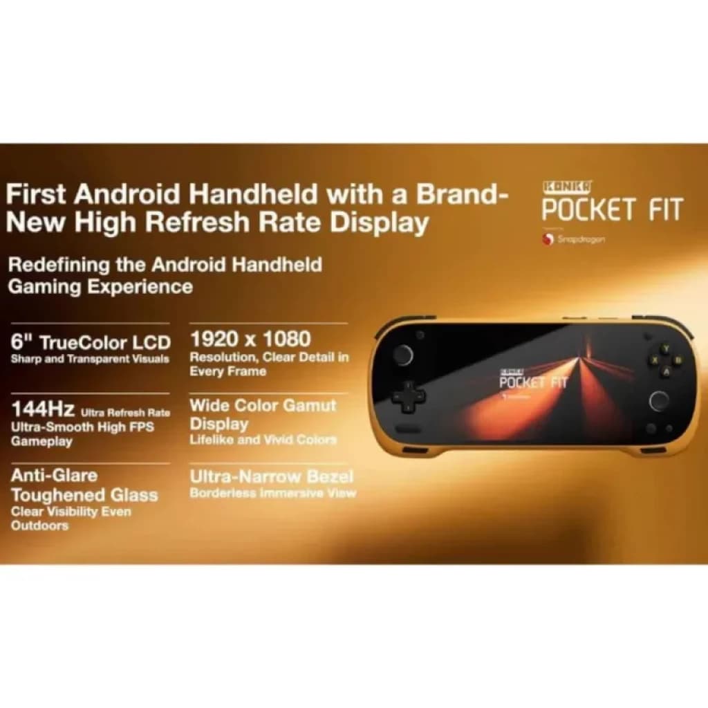 Ayaneo Konkr Pocket FIT negro con pantalla LCD 6" TrueColor 1920x1080, 144Hz, marcos delgados y vidrio templado antirreflejo; Snapdragon G3 Gen 3, 8GB/128GB