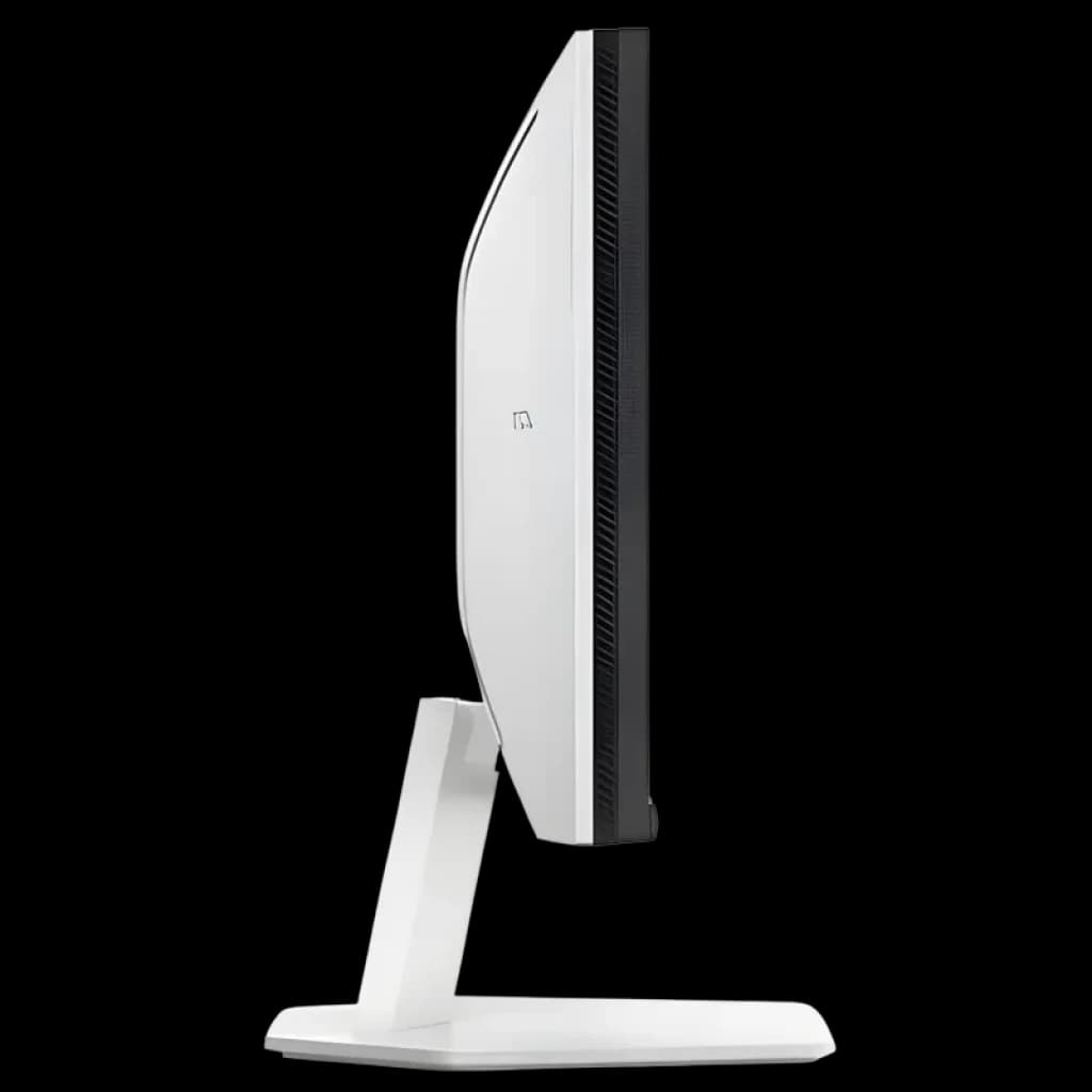 Perfil lateral del monitor TCL 24G54 MiniLED 23.8 pulgadas, carcasa blanca, bisel delgado y soporte estable; diseño delgado con ventilación trasera vertical