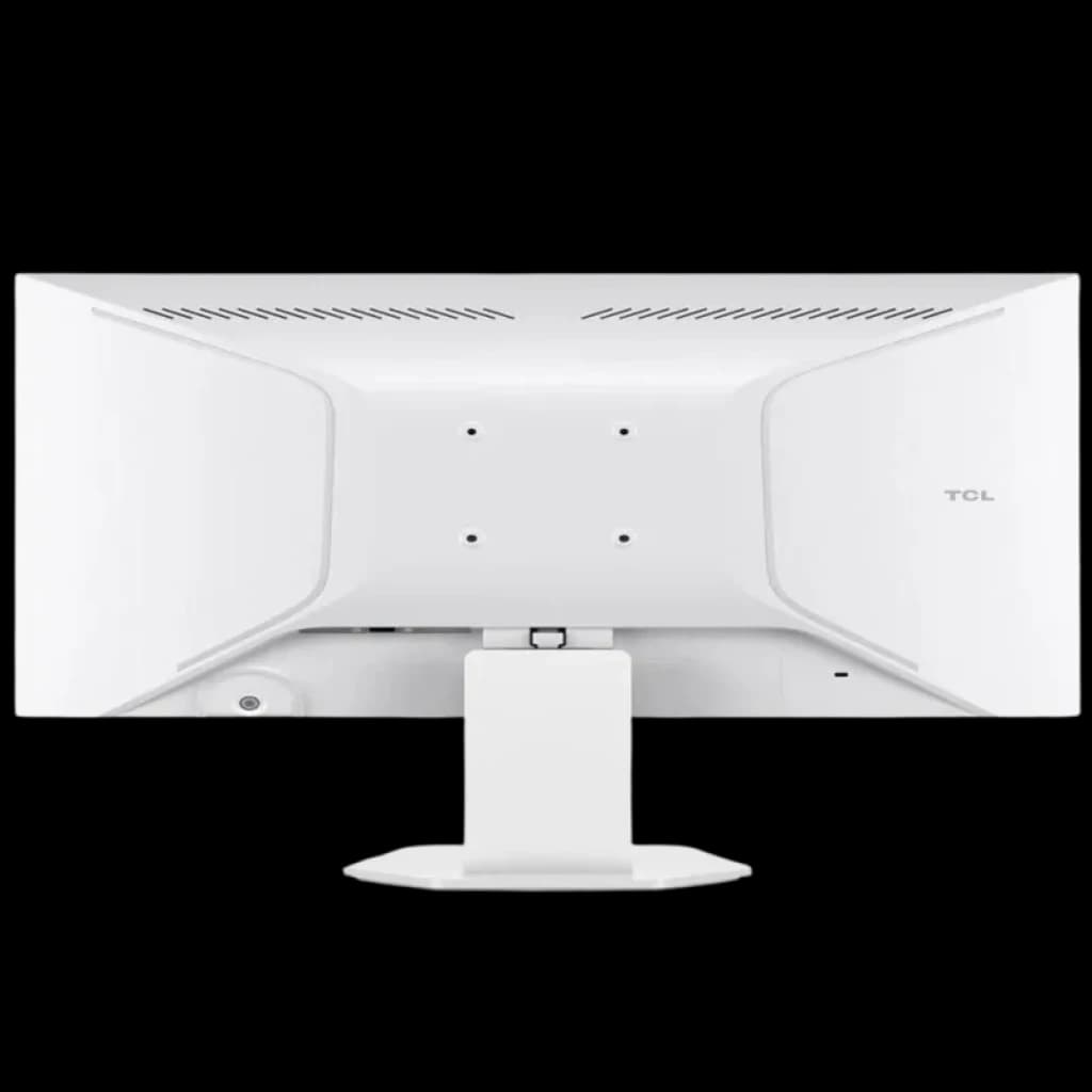 Parte trasera del monitor TCL 24G54 en color blanco, soporte central ajustable, ventilación superior y montaje VESA visible con orificios alineados