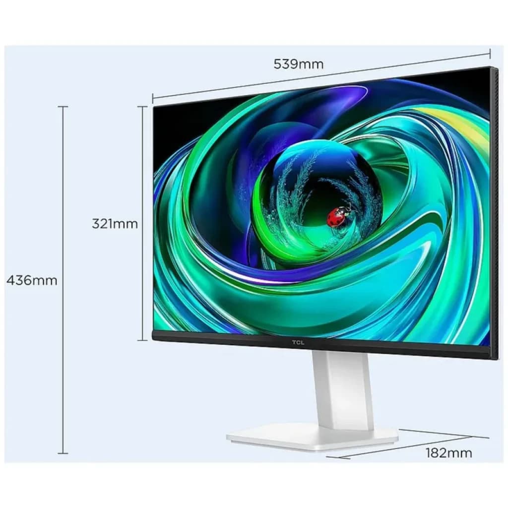 TCL 24G54 MiniLED 84 zonas, panel 23.8 pulgadas 100Hz, biseles finos, soporte blanco ajustable, dimensiones 539×436×182 mm, imagen vibrante y nítida