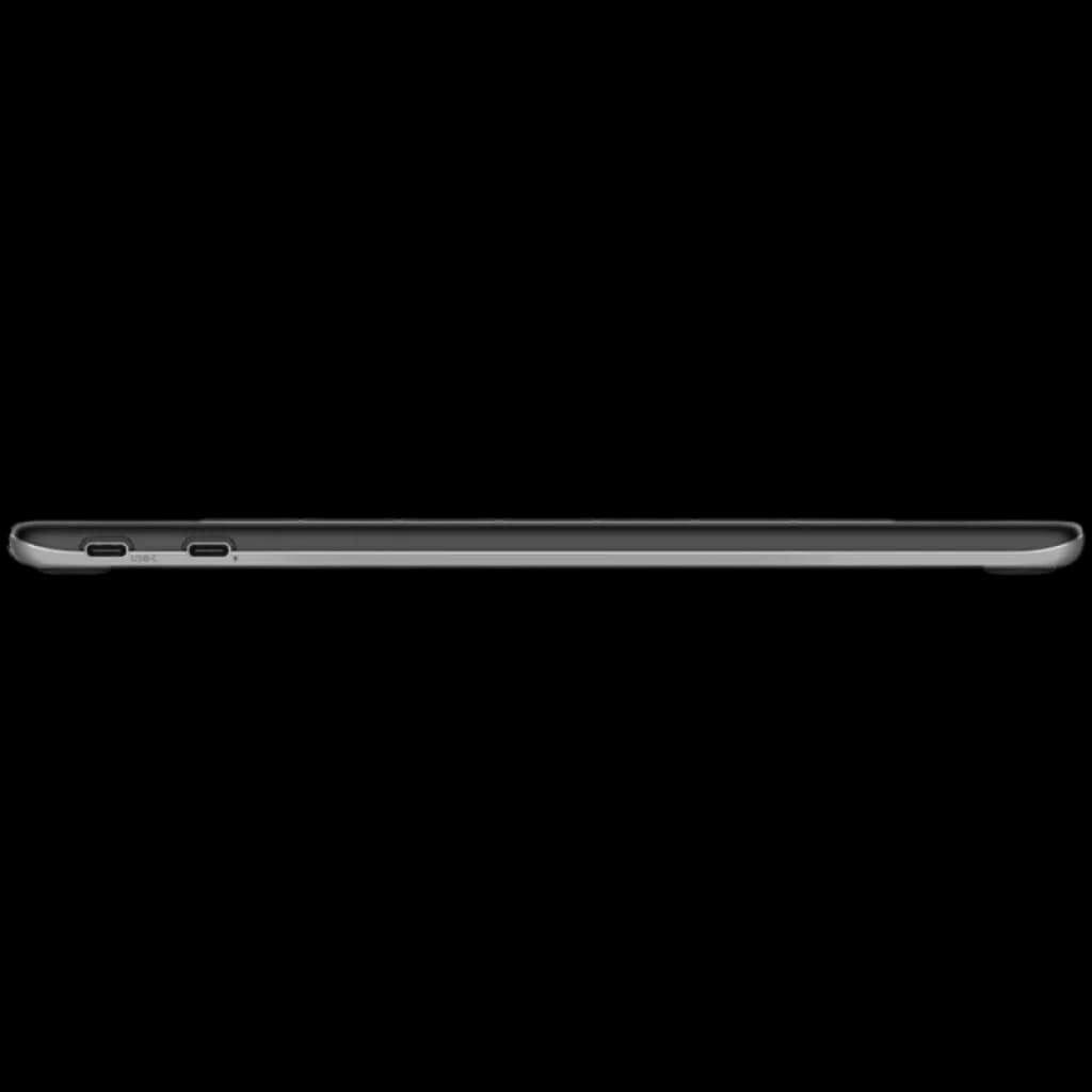 Profil latéral fin de la Huion Kamvas Pro 13 GT1302, châssis métallique gris, ports USB‑C doubles, bords noirs épurés, design compact et léger