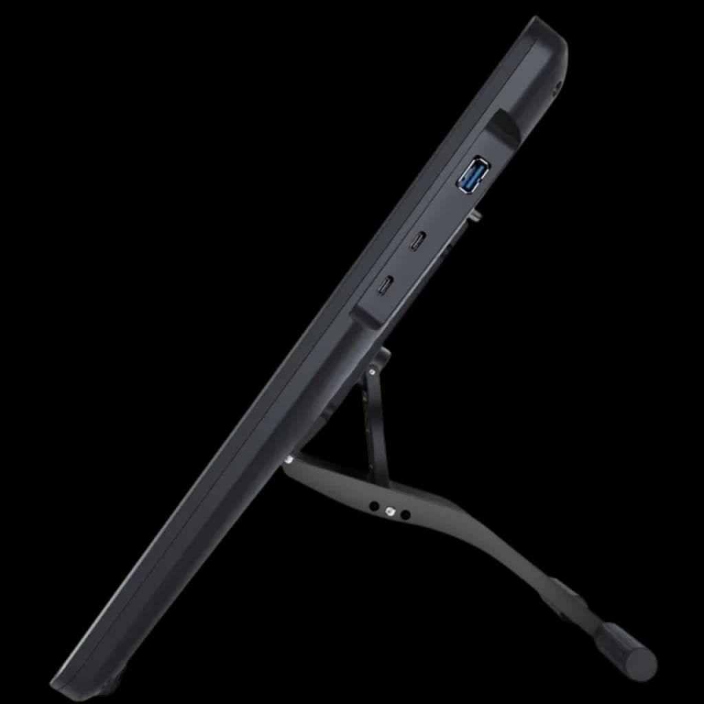 Huion Kamvas 22 Plus GS2202 Tablette graphique 21,5 pouces Full HD vue latérale, support réglable en métal, ports USB et USB-C accessibles