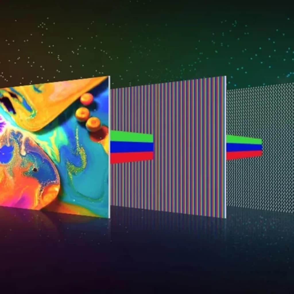 Écran Full HD 21,5 pouces avec lamination complète, gamut large, verre gravé antireflet et couches RVB illustrant couleurs vives et détails précis