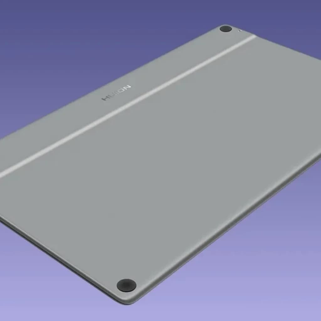 Dos en aluminium gris de la Huion Kamvas Pro 16 GT1602, finition mate, coins arrondis, deux patins antidérapants et bande centrale discrète avec logo Huion