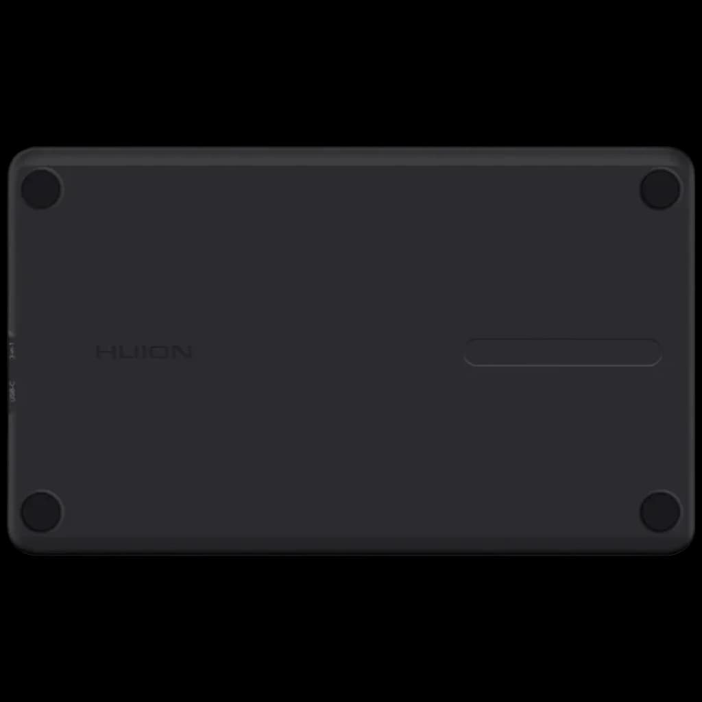 Dos de la Huion Kamvas 12 GS1161 en noir mat, surface lisse avec empreinte pour stylet et quatre pieds antidérapants aux coins, format compact 11,6 pouces
