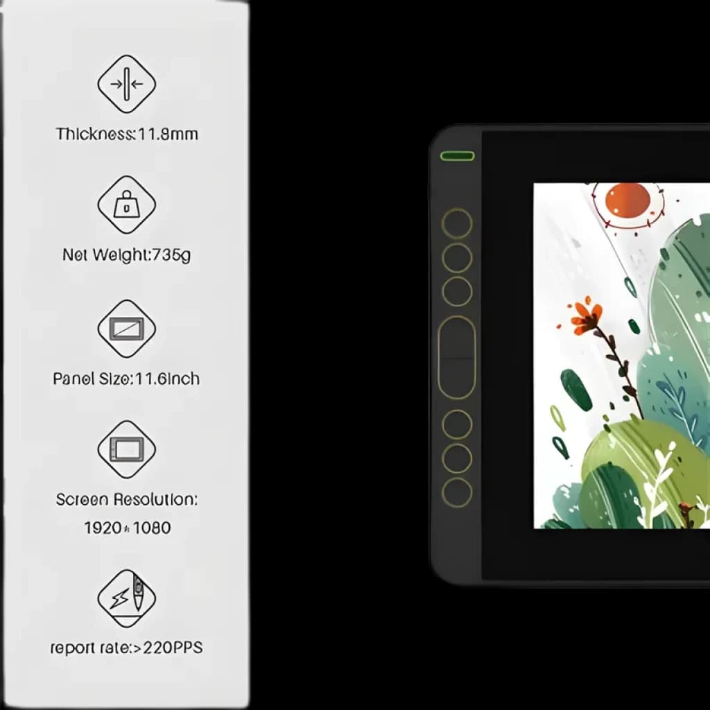 Huion Kamvas 12 GS1161 tablette 11,6 pouces FHD 1920x1080 avec stylet sans pile, 8 boutons rapides, 11,8 mm d’épaisseur, 735 g, 220 PPS