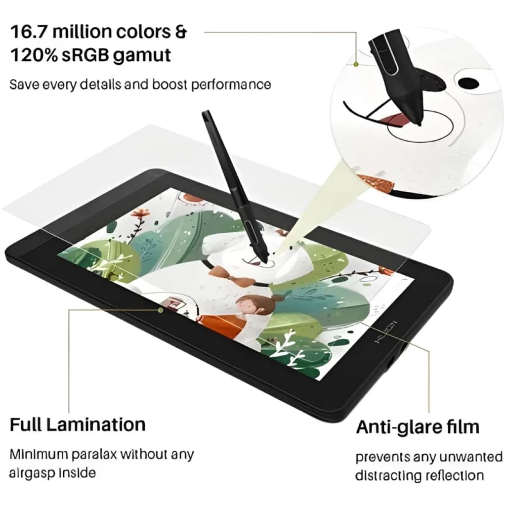 Huion Kamvas 12 GS1161, écran 11,6 pouces laminé, 16,7 M couleurs, 120% sRGB, film antireflet, stylet optique précis sans parallaxe ni reflets distrayants