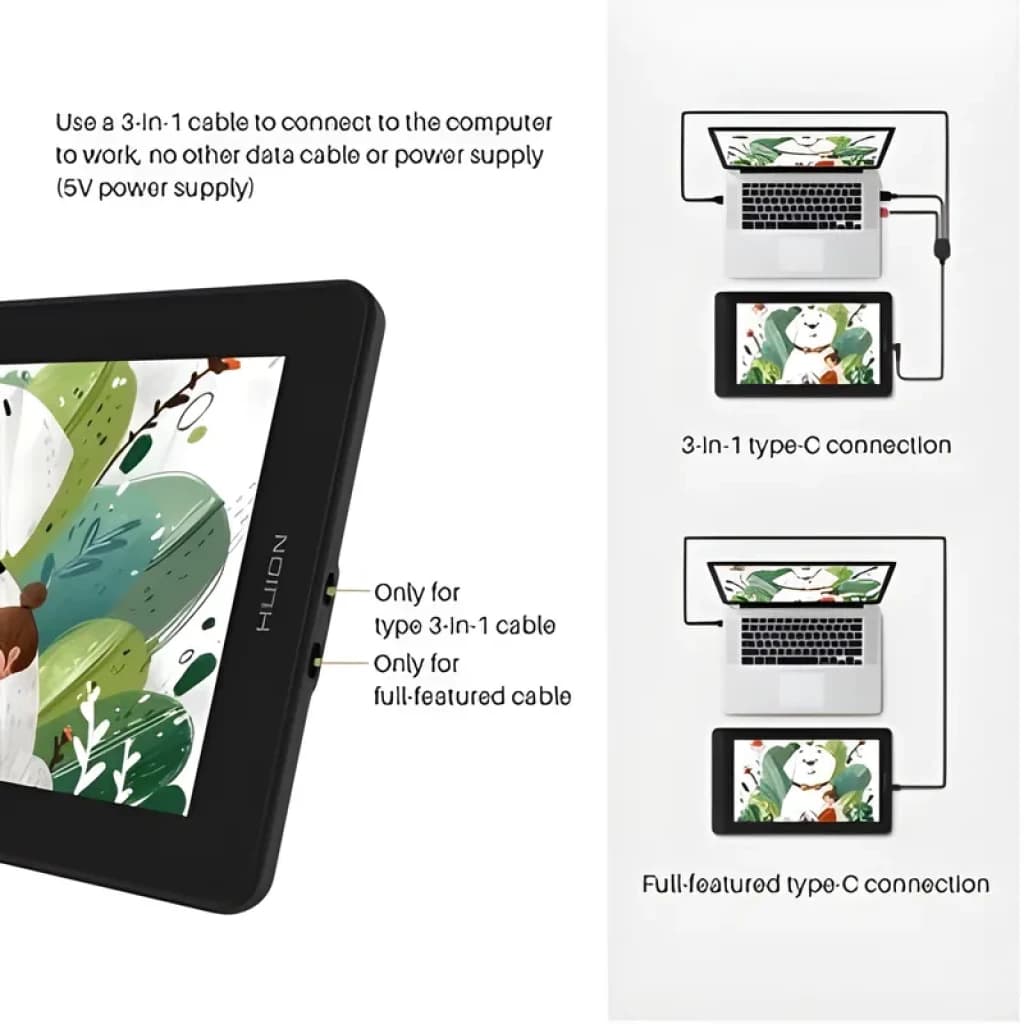 Huion Kamvas 12 GS1161, écran 11,6 pouces avec stylet sans pile, bord fin, ports latéraux, connexion USB‑C 3‑en‑1 ou USB‑C complète pour PC et