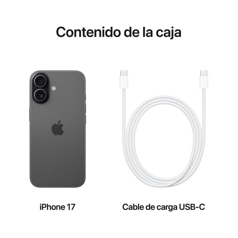 iPhone 17 256 Go Noir version internationale avec double appareil photo arrière et câble de charge USB‑C blanc inclus dans la boîte