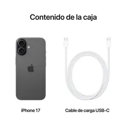 iPhone 17 256 Go Noir version internationale avec double appareil photo arrière et câble de charge USB‑C blanc inclus dans la boîte