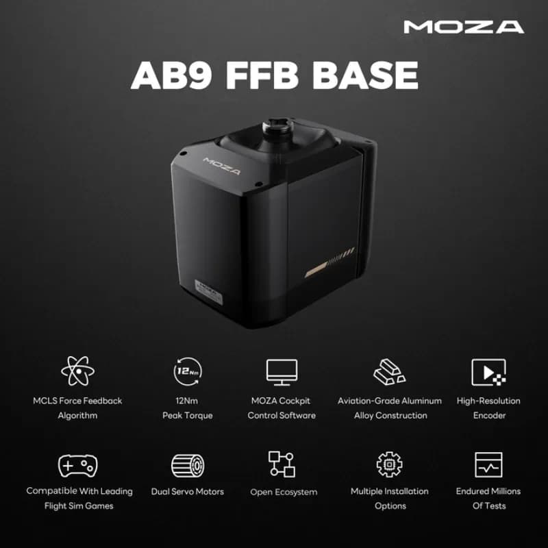 Moza Racing AB9 FFB Base 12 Nm en aluminium aviation, design noir compact, affichage haute résolution, ports multiples pour montage cockpit de simulation